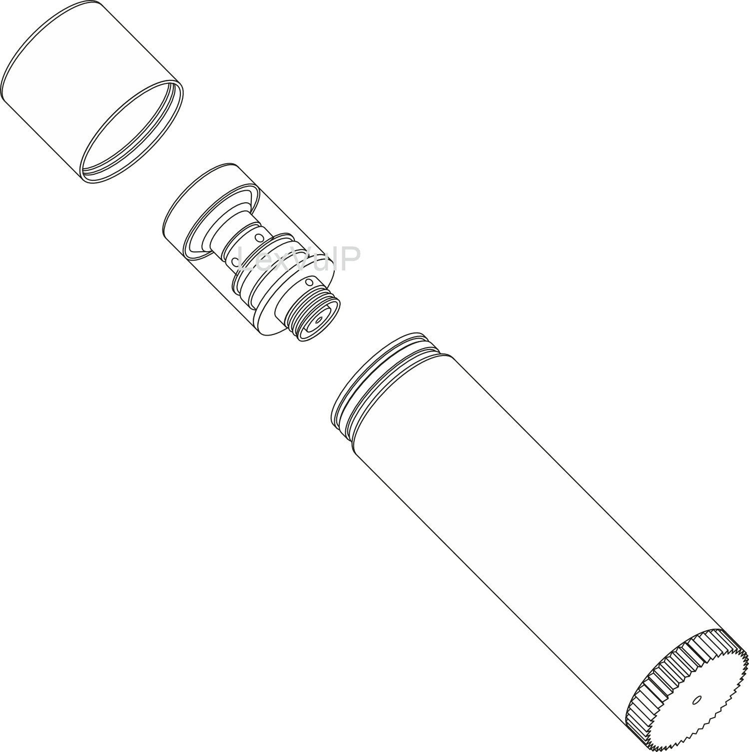 Exploded-view utility patent drawing of a cylindrical device with threaded components